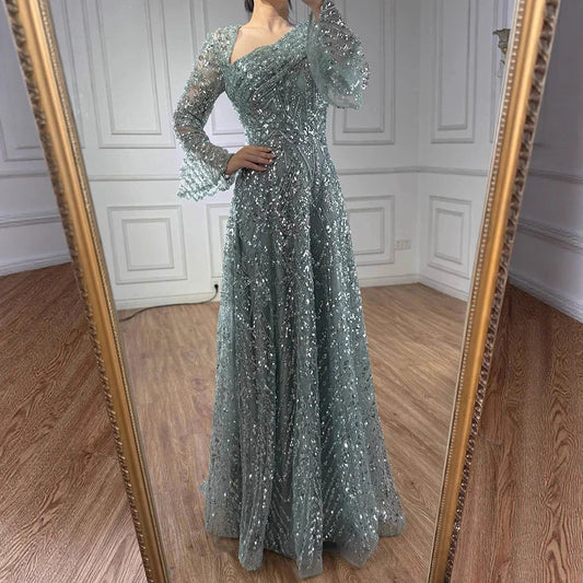 Luxury Turquoise Beaded A-Line Long Sleeve Evening Dress LA73177