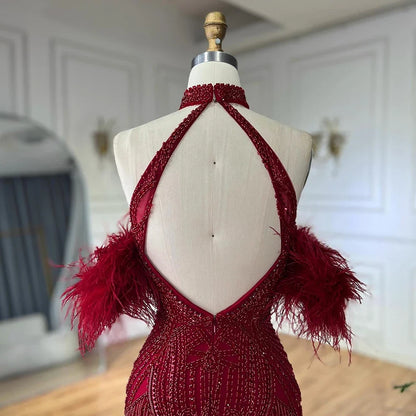 Luxury Red Mermaid High Slit Evening Dress with Tassel LA72083