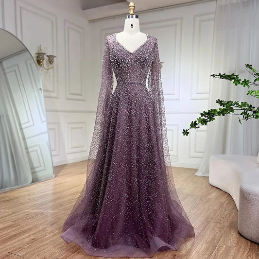 Purple A-Line Evening Dress with Cape Sleeves Plus Size LA72147A