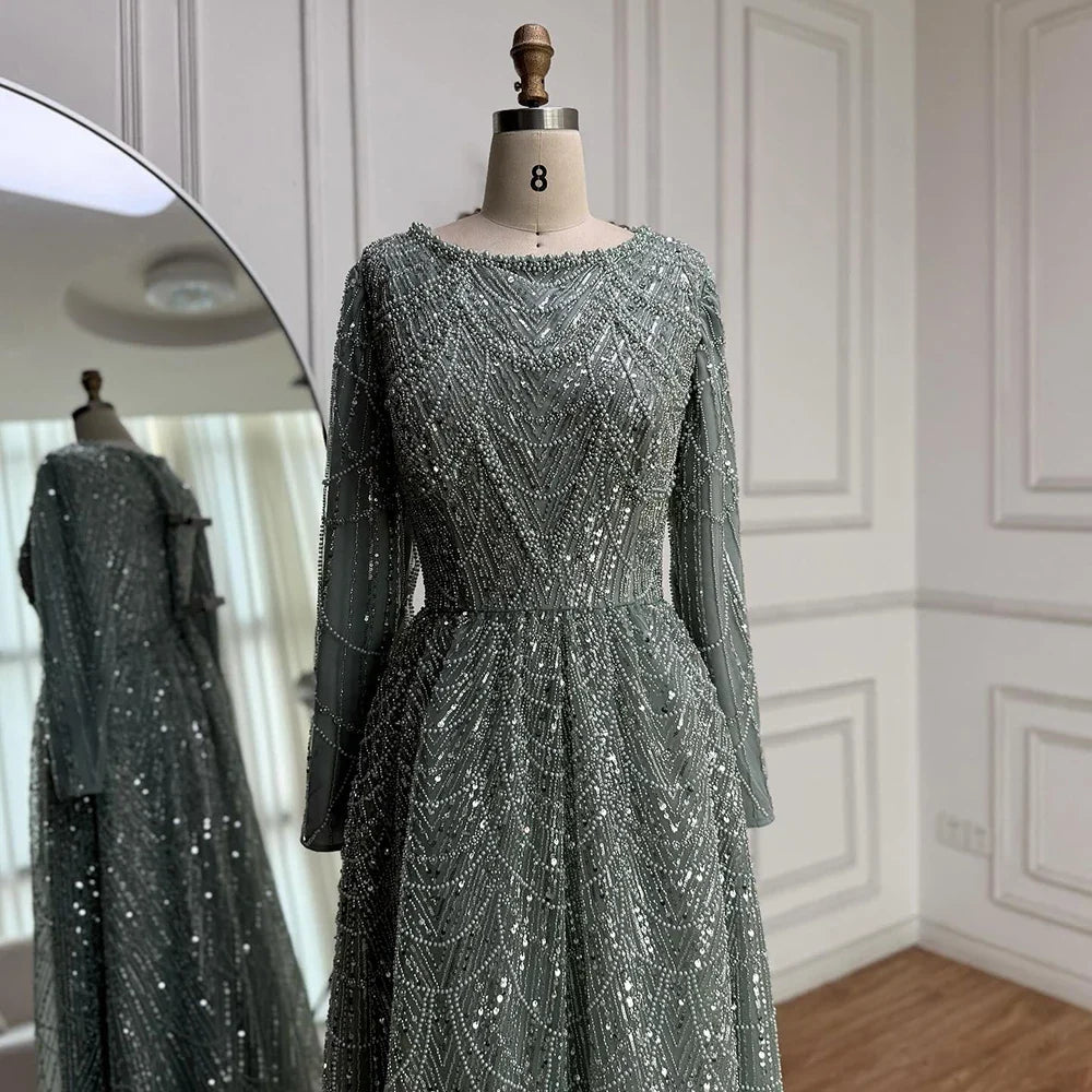 Olive Green Beaded A-Line Modest Evening Dress Plus Size LA72738B