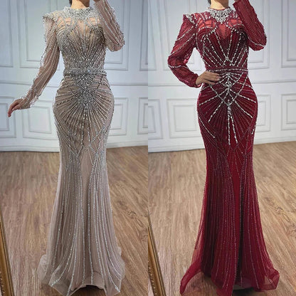 Wine Red Modest Mermaid Beaded Evening Dress LA73203