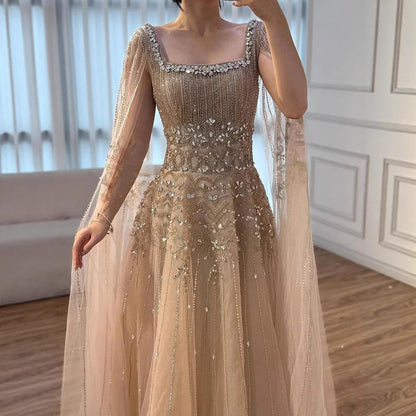 Caramel Beaded A-Line Evening Dress with Cape Sleeves LA73089A