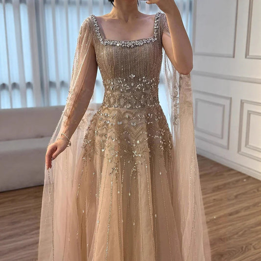 Caramel Beaded A-Line Evening Dress with Cape Sleeves LA73089A