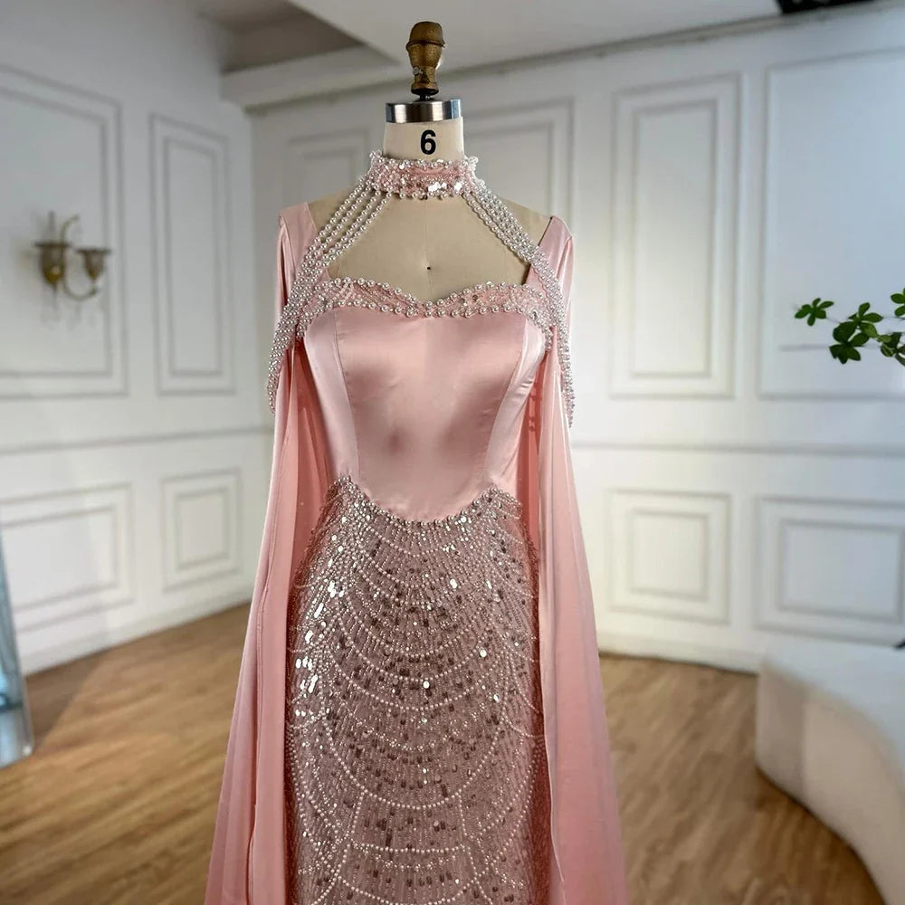 Pink Sweetheart Pearls Beaded Evening Dress with Cape Sleeve LA73051