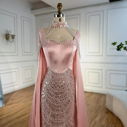 Pink Sweetheart Pearls Beaded Evening Dress with Cape Sleeve LA73051