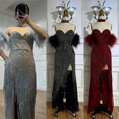 Luxury Red Mermaid High Slit Evening Dress with Tassel LA72083