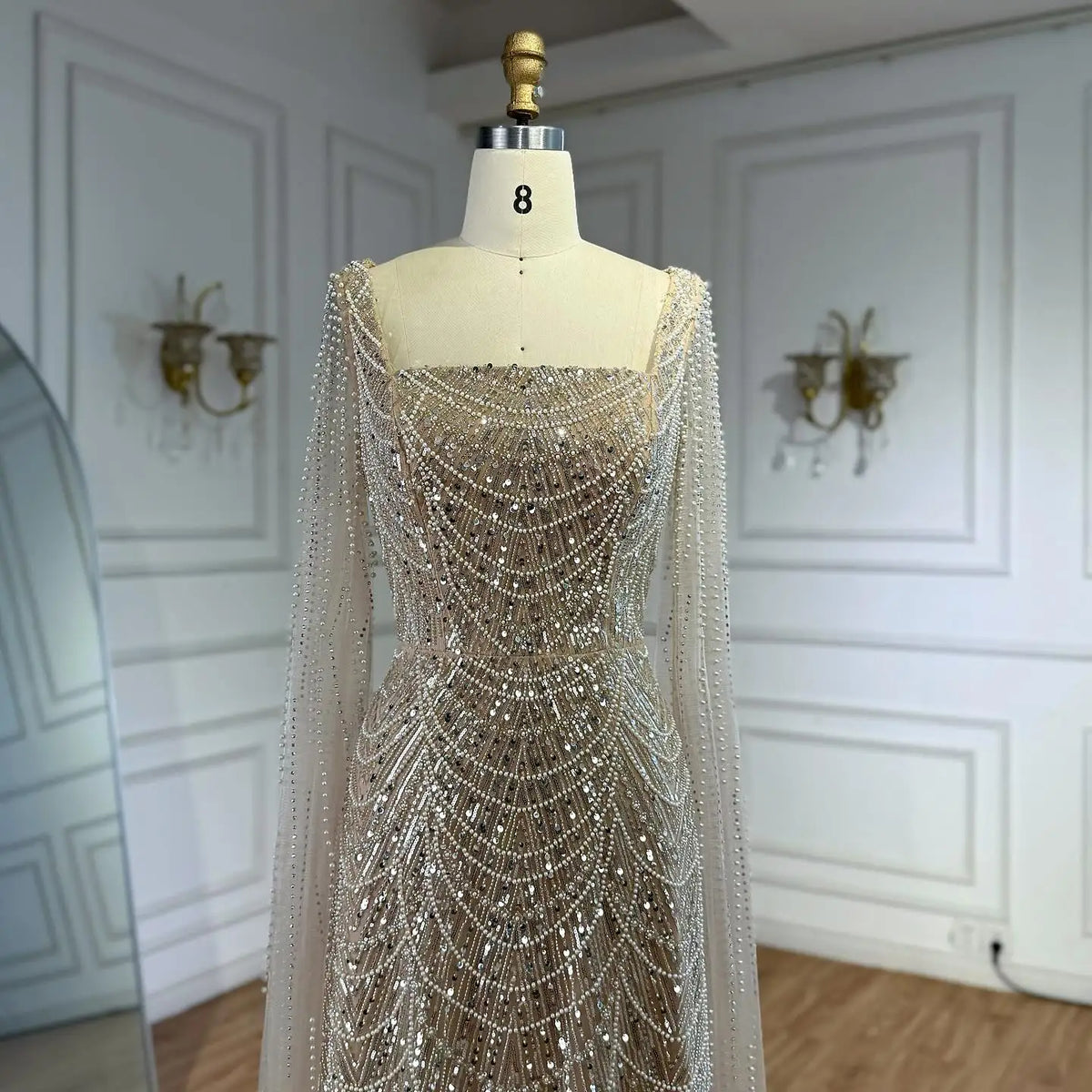 Arabic Turquoise Cape Sleeve Evening Dress Wedding Guest Gown Plus Size LA72590B