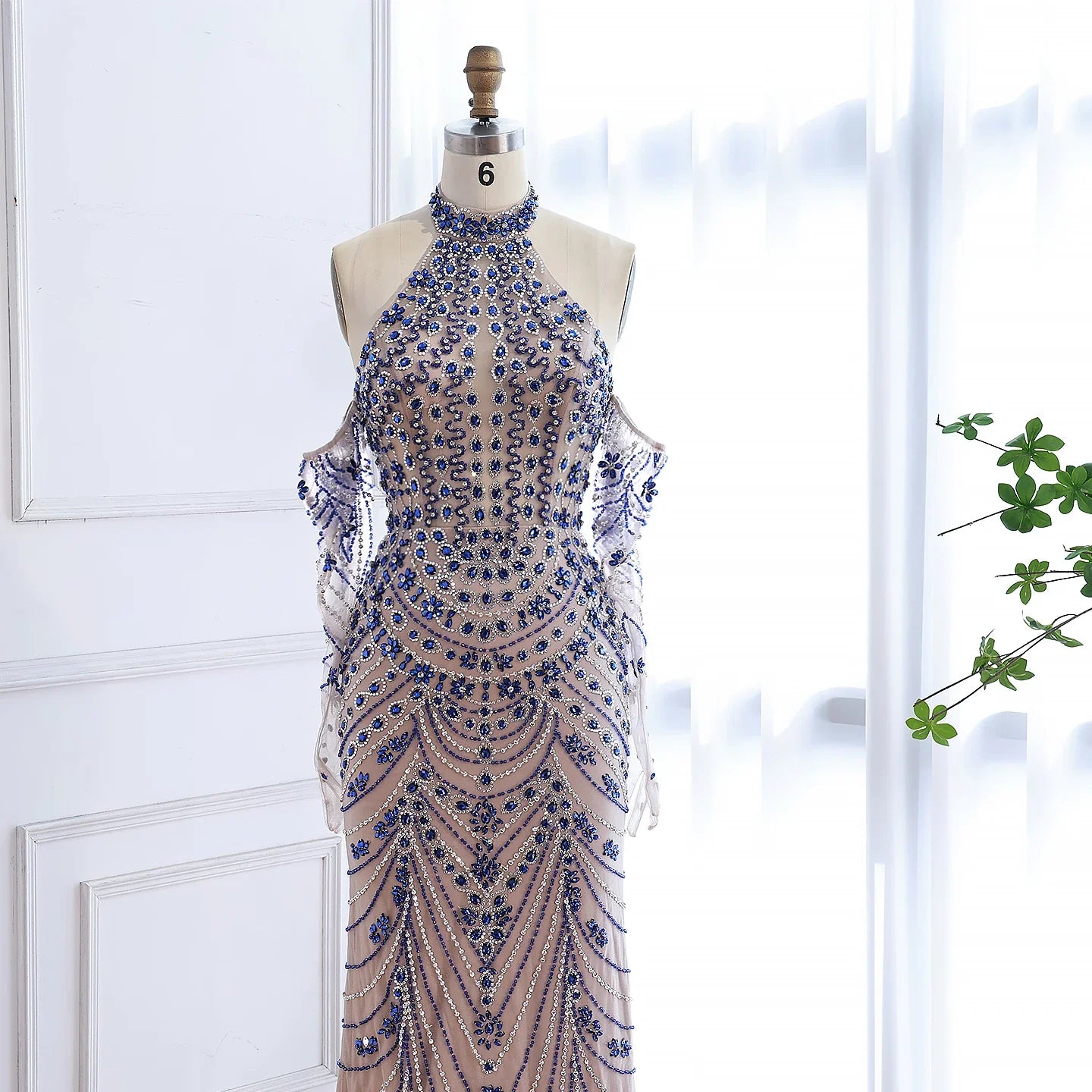 Halter Neck Blue Mermaid Luxury Evening Dress with Gloves LA72760C