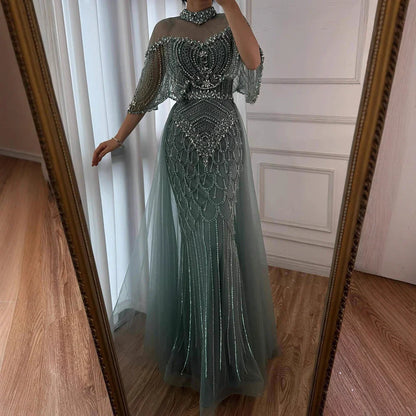 Luxury Nude Beaded Sleeveless Evening Dress with Cape LA73129