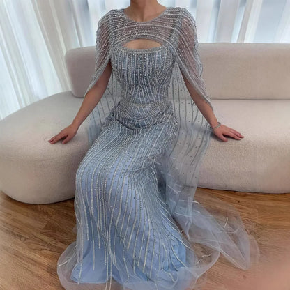 Elegant Blue Strapless Beaded Evening Dress with Cape LA73426