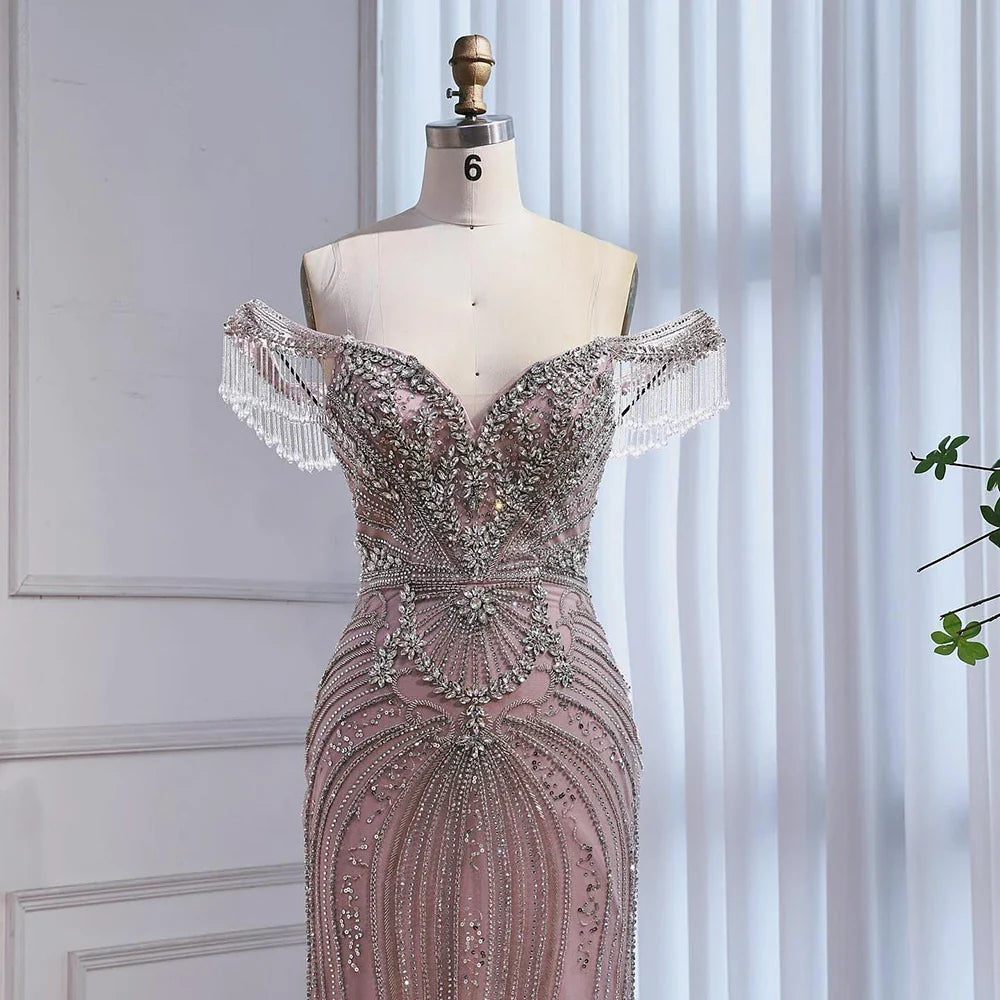 Luxury Pink Beaded Tassel Off-the-Shoulder Evening Dress Dubai Style LA73204