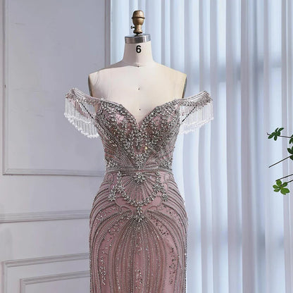 Luxury Pink Beaded Tassel Off-the-Shoulder Evening Dress Dubai Style LA73204