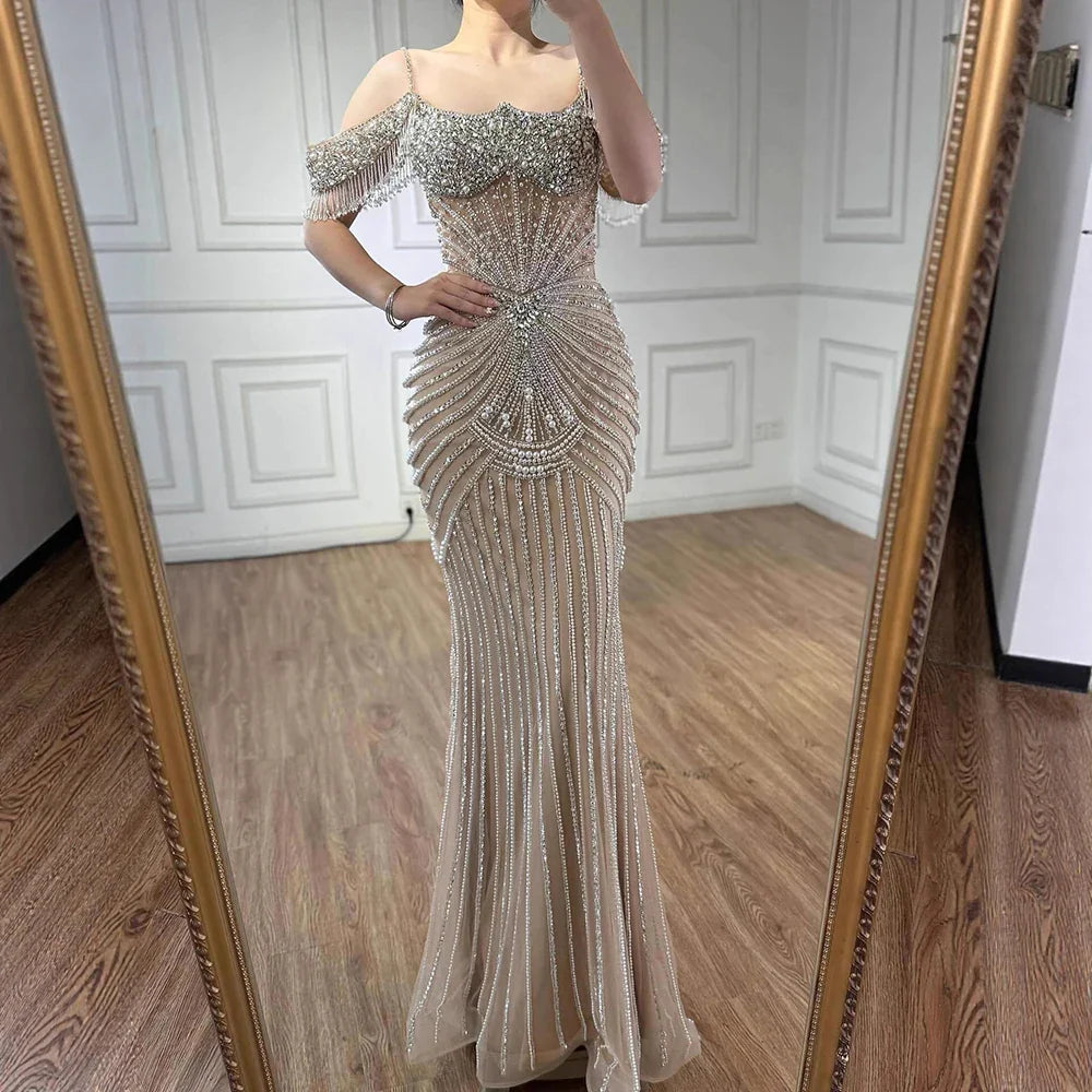 Luxury Nude Pearls Beaded Mermaid Evening Dress Off-the-Shoulder LA73148