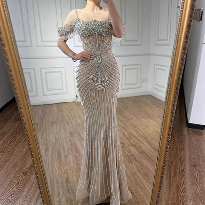 Luxury Nude Pearls Beaded Mermaid Evening Dress Off-the-Shoulder LA73148