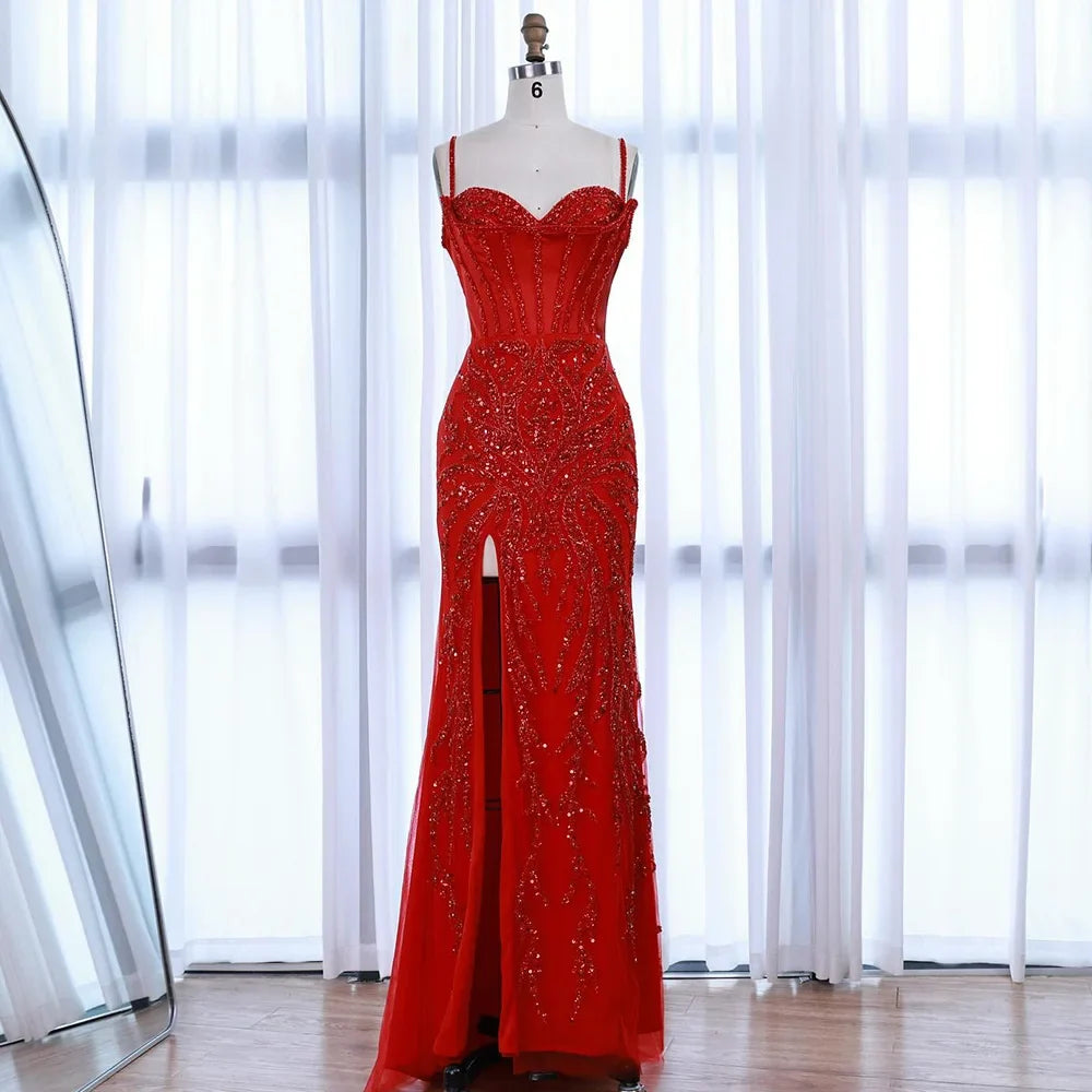 Red Beaded High Slit Evening Gown with Overskirt LA72936