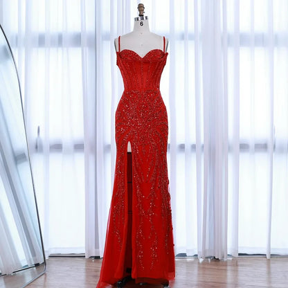 Red Beaded High Slit Evening Gown with Overskirt LA72936