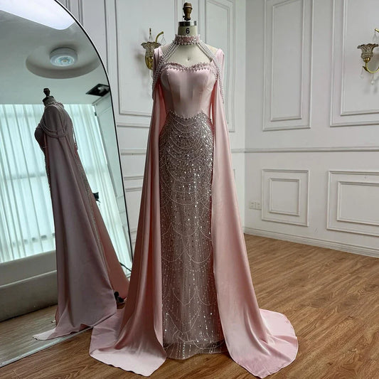 Pink Sweetheart Pearls Beaded Evening Dress with Cape Sleeve LA73051