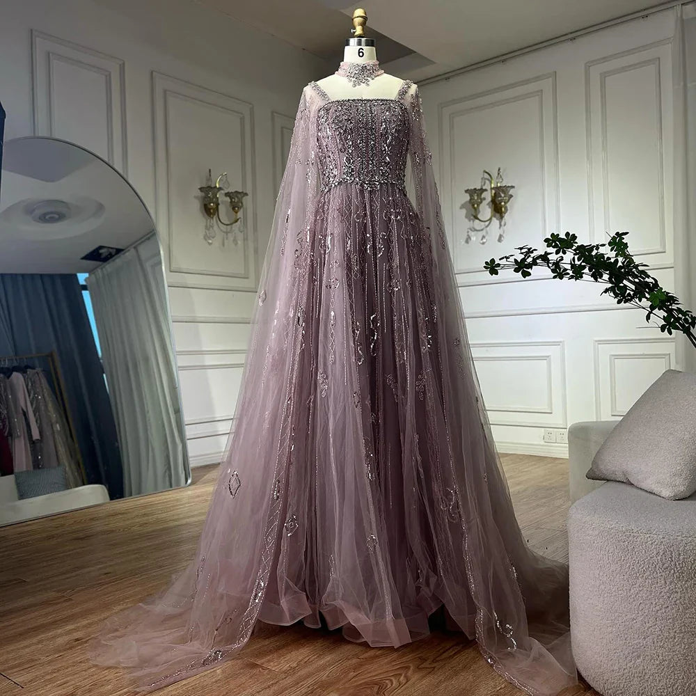 Luxury Cape Sleeve Nude A-Line Crystal Beaded Arabic Evening Dress LA72764