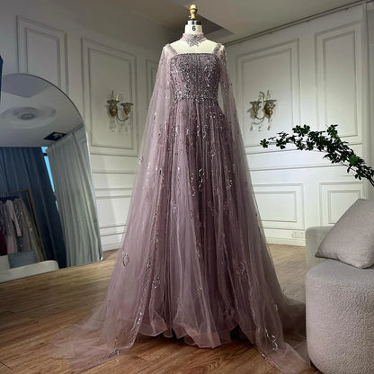 Luxury Cape Sleeve Nude A-Line Crystal Beaded Arabic Evening Dress LA72764