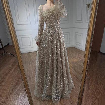 Luxury Turquoise Beaded A-Line Long Sleeve Evening Dress LA73177