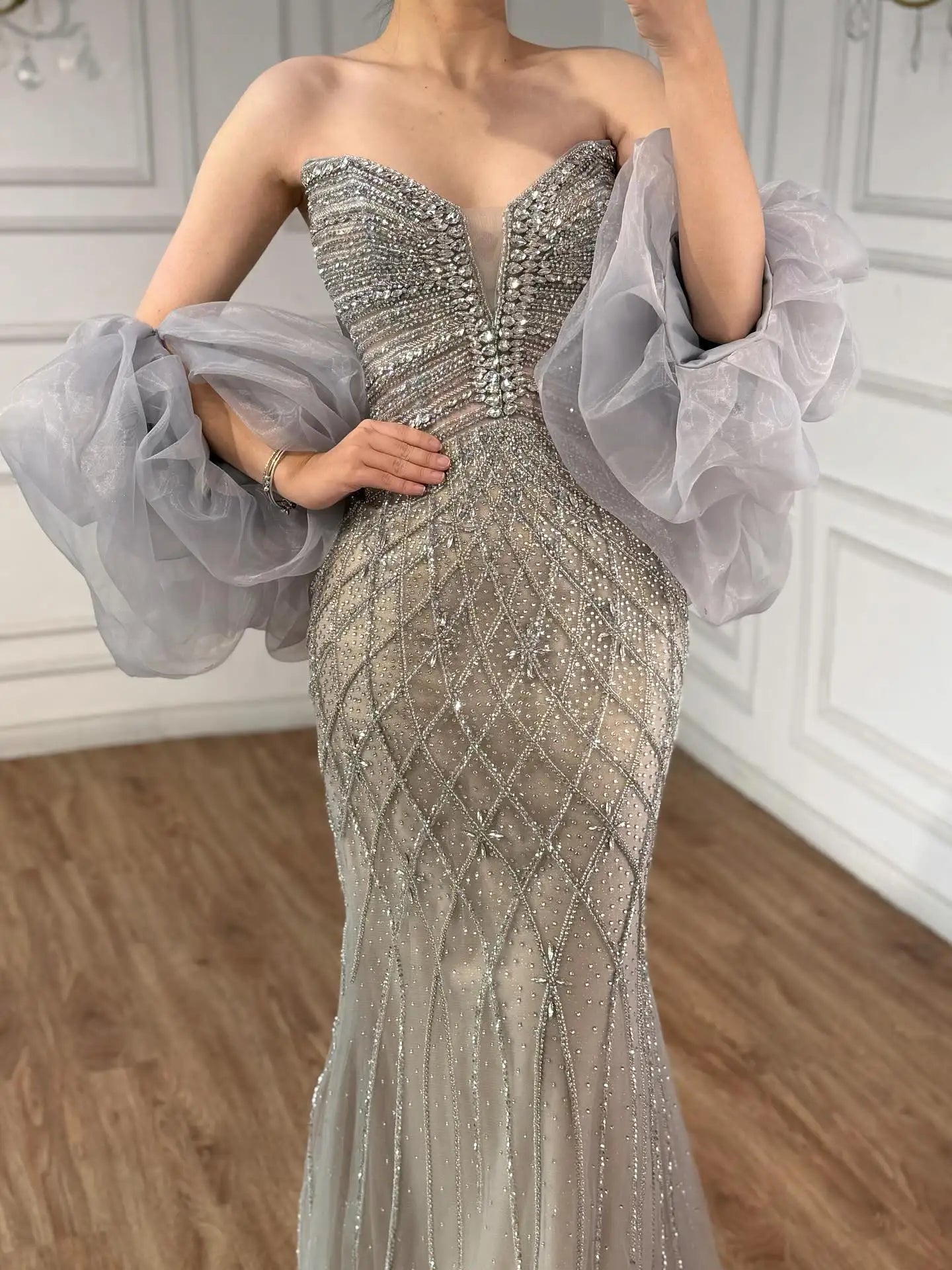 Nude Luxury Beaded Strapless Evening Dress with Detachable Puffy Cape LA73411