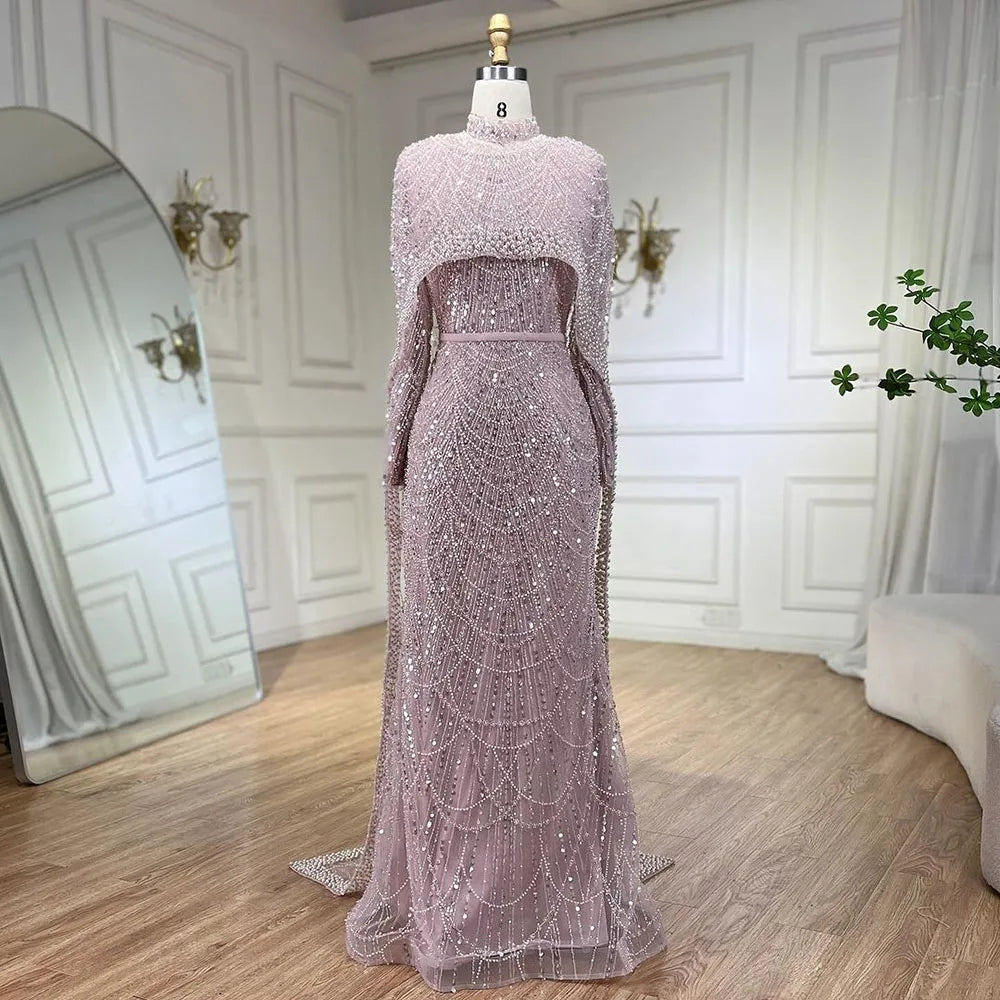 Elegant Modest Beaded Evening Dress with Detachable Cape LA72032M