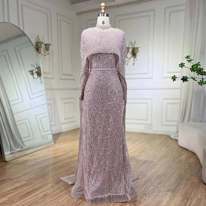 Elegant Modest Beaded Evening Dress with Detachable Cape LA72032M