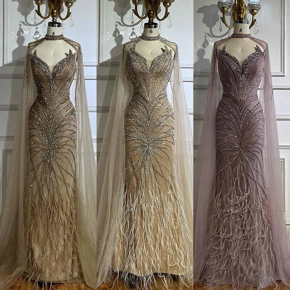 Luxury Caramel Feathers Beaded Evening Dress with Cape for Formal Occasion LA72882