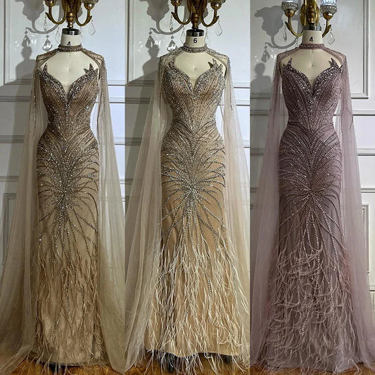Luxury Caramel Feathers Beaded Evening Dress with Cape for Formal Occasion LA72882