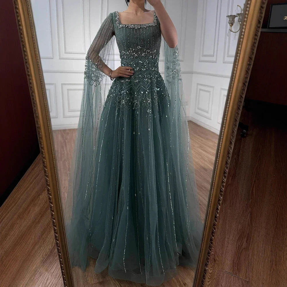 Caramel Beaded A-Line Evening Dress with Cape Sleeves LA73089A