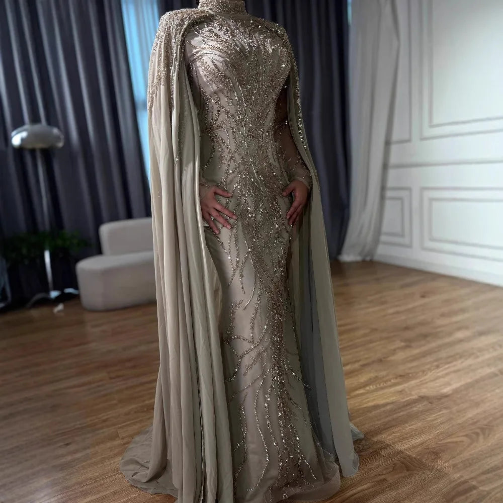 Luxury Modest Pink Evening Dress with Cape Long Sleeves Gown LA72413A
