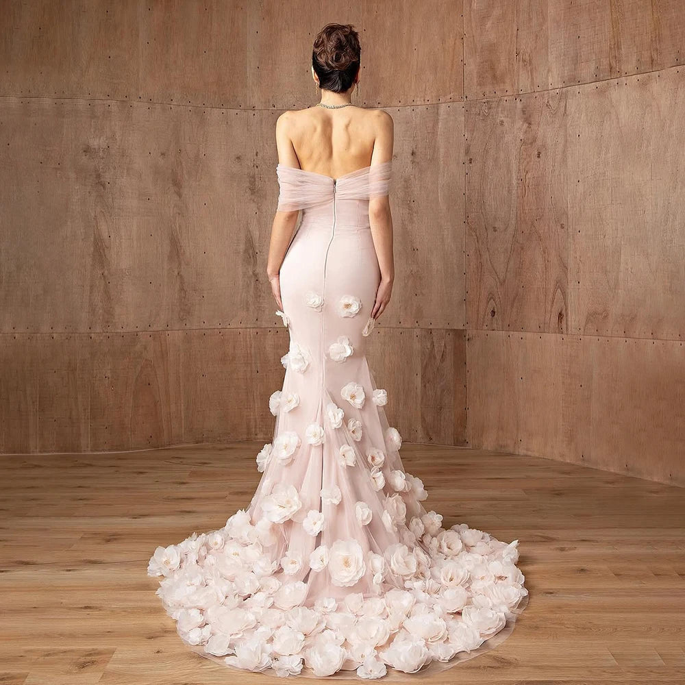 Elegant Pink 3D Flower Off-the-Shoulder Mermaid Evening dress LA72943