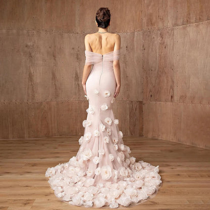 Elegant Pink 3D Flower Off-the-Shoulder Mermaid Evening dress LA72943