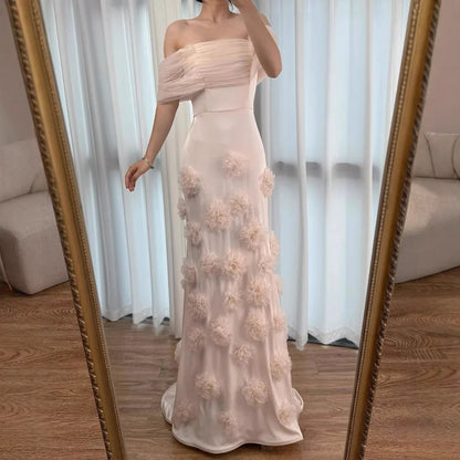 Elegant Pink 3D Flower Off-the-Shoulder Mermaid Evening dress LA72943