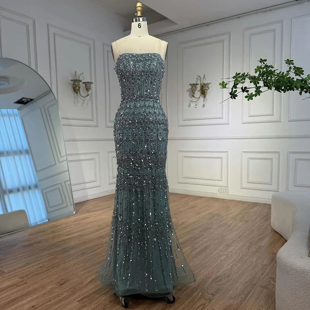 Luxury Turquoise Beaded Evening Dress with Detachable Cape LA72714B