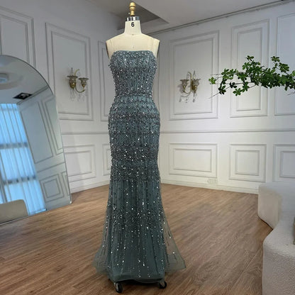 Luxury Turquoise Beaded Evening Dress with Detachable Cape LA72714B