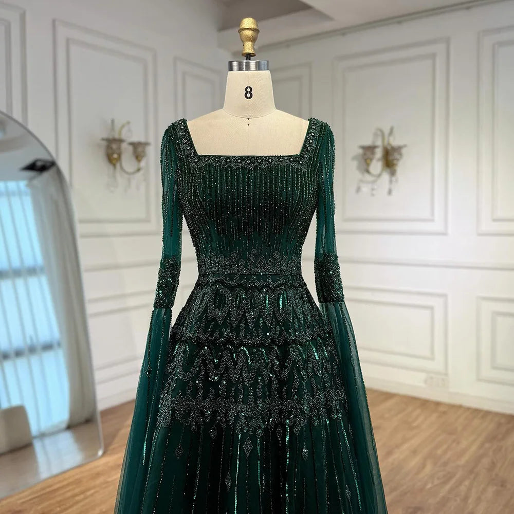 Green A-Line Beaded Evening Dress with Cape Sleeves LA73089