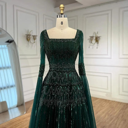 Green A-Line Beaded Evening Dress with Cape Sleeves LA73089