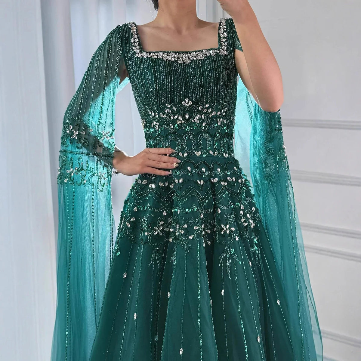 Caramel Beaded A-Line Evening Dress with Cape Sleeves LA73089A