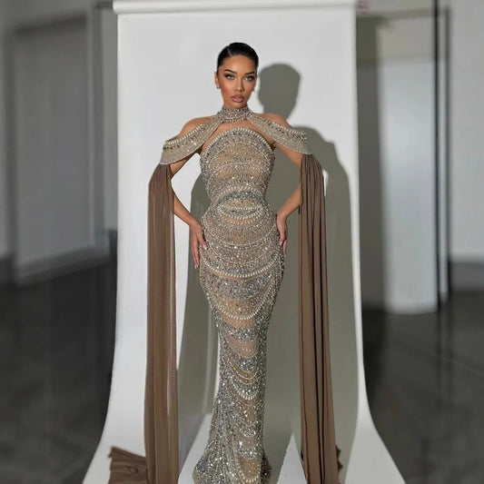 Luxury Caramel Kosovo Style Beaded Evening Dress with Cape LA73344
