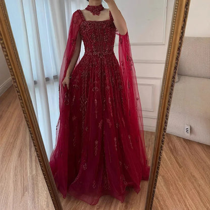 Luxury Cape Sleeve Nude A-Line Crystal Beaded Arabic Evening Dress LA72764
