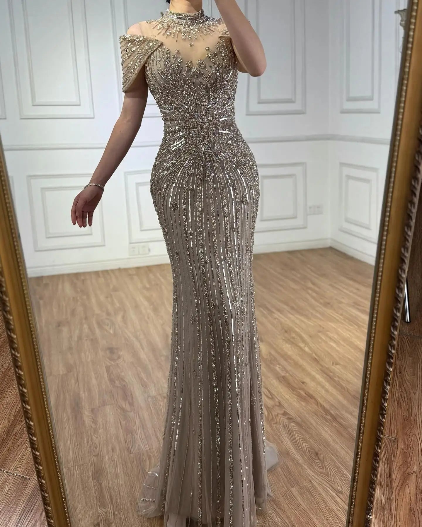 Saudi Arabic Modest High Neck Caramel Mermaid Beaded Evening Dress LA73082