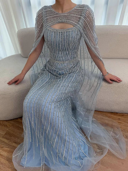 Elegant Blue Strapless Beaded Evening Dress with Cape LA73426