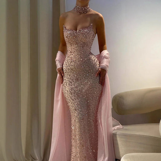 Luxury Pink Beaded Evening Dress with Scraf Formal Gown for Wedding Guest LA73225