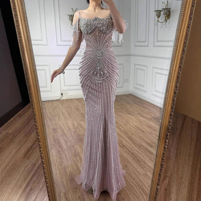 Luxury Nude Pearls Beaded Mermaid Evening Dress Off-the-Shoulder LA73148
