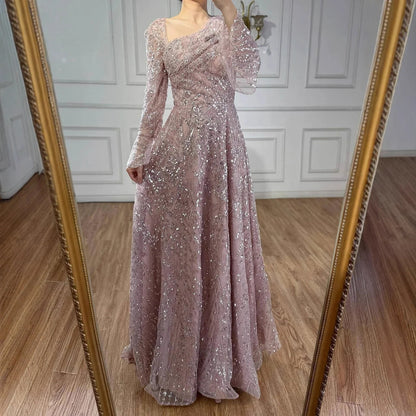 Luxury Turquoise Beaded A-Line Long Sleeve Evening Dress LA73177