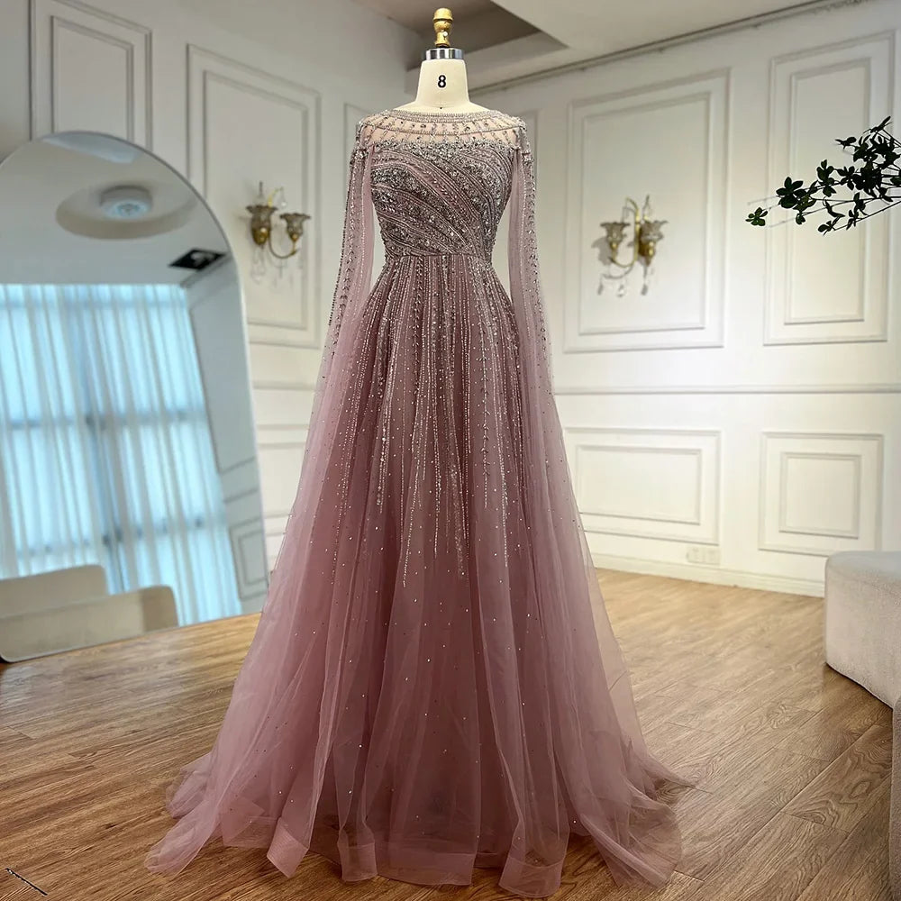 Saudi Arabic Modest Pink Beaded Evening Dress Party Gown LA72994