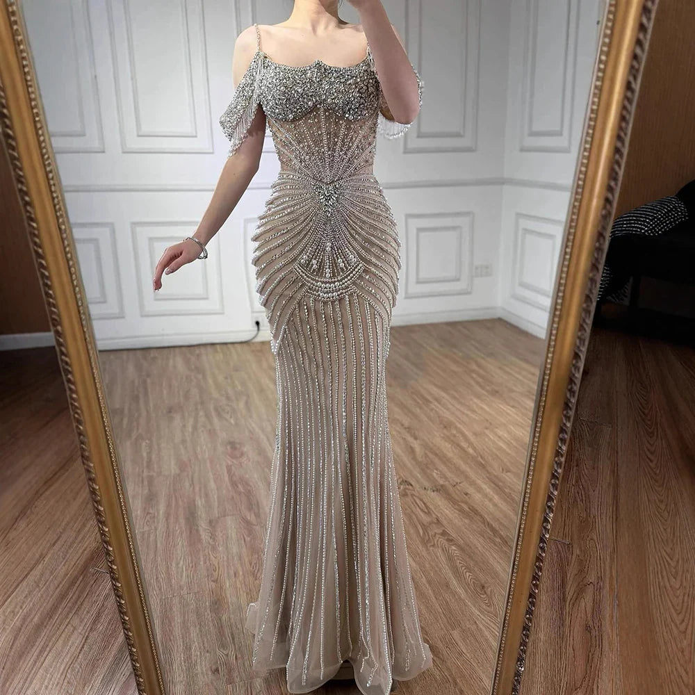 Luxury Nude Pearls Beaded Mermaid Evening Dress Off-the-Shoulder LA73148