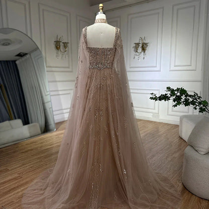 Luxury Cape Sleeve Nude A-Line Crystal Beaded Arabic Evening Dress LA72764
