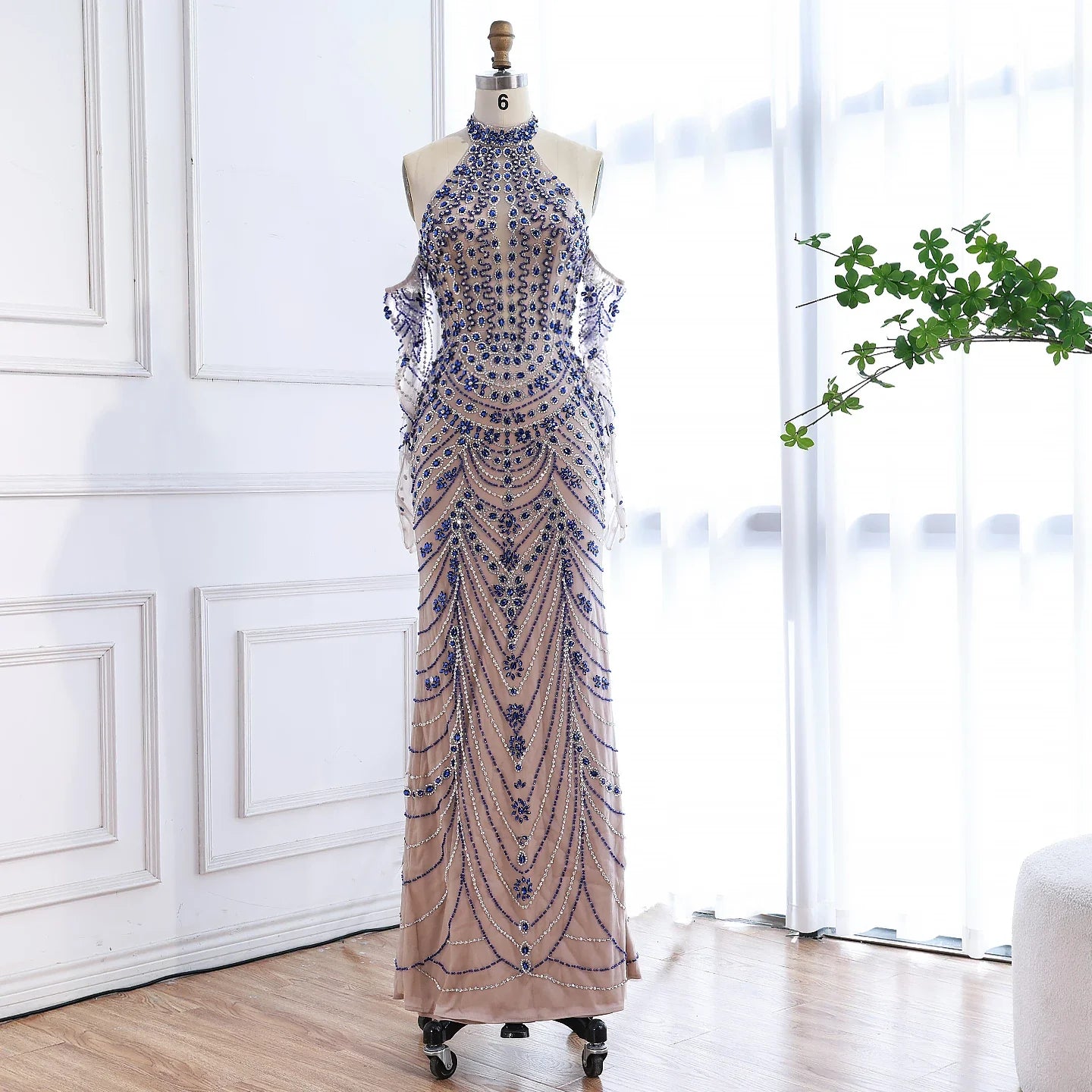 Halter Neck Blue Mermaid Luxury Evening Dress with Gloves LA72760C